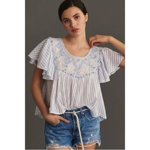 Anthropologie light Blue Striped Flutter Sleeve Embroidered Women’s Top xs